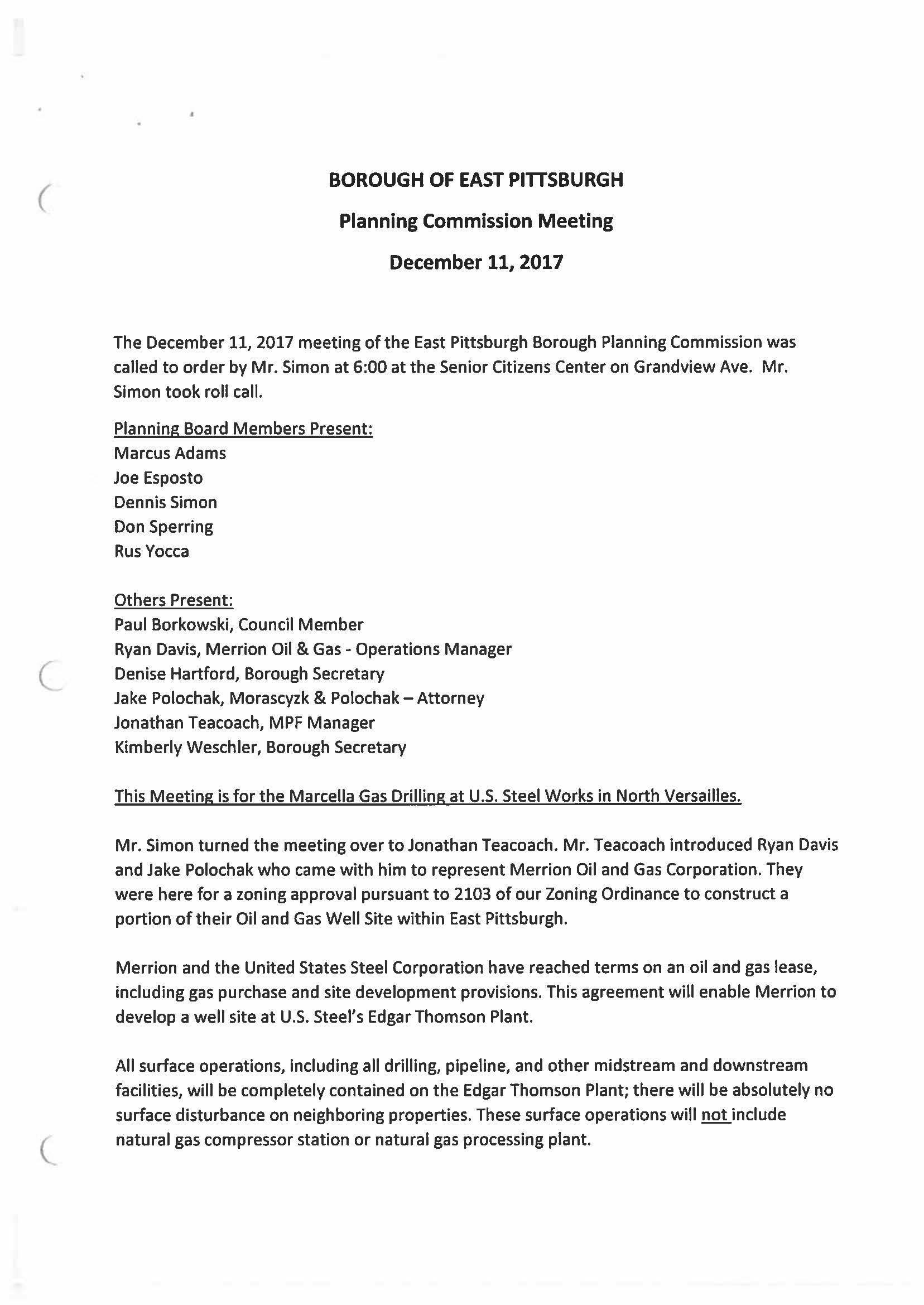 East Pittsburgh Borough Meeting Minutes: 12-11-17
