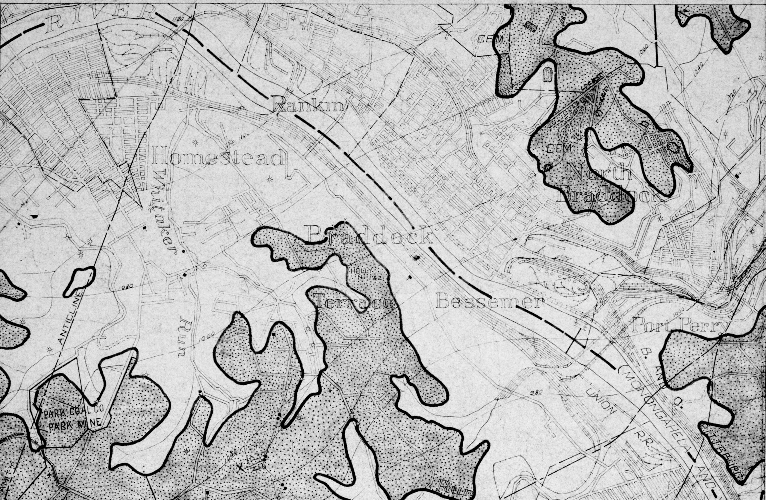 Black and white topographic map of Braddock, PA