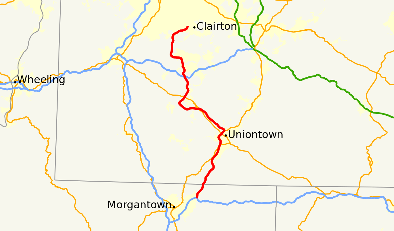 Map showing the extent of the planned Mon-Fayette Expressway and where investors intended to connect it in West Virginia