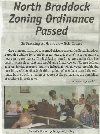 Partial newspaper clipping about North Braddock council passing the new zoning ordinance with community support, which prohibited the gas drilling on the Grand View Golf Club, May 2014.