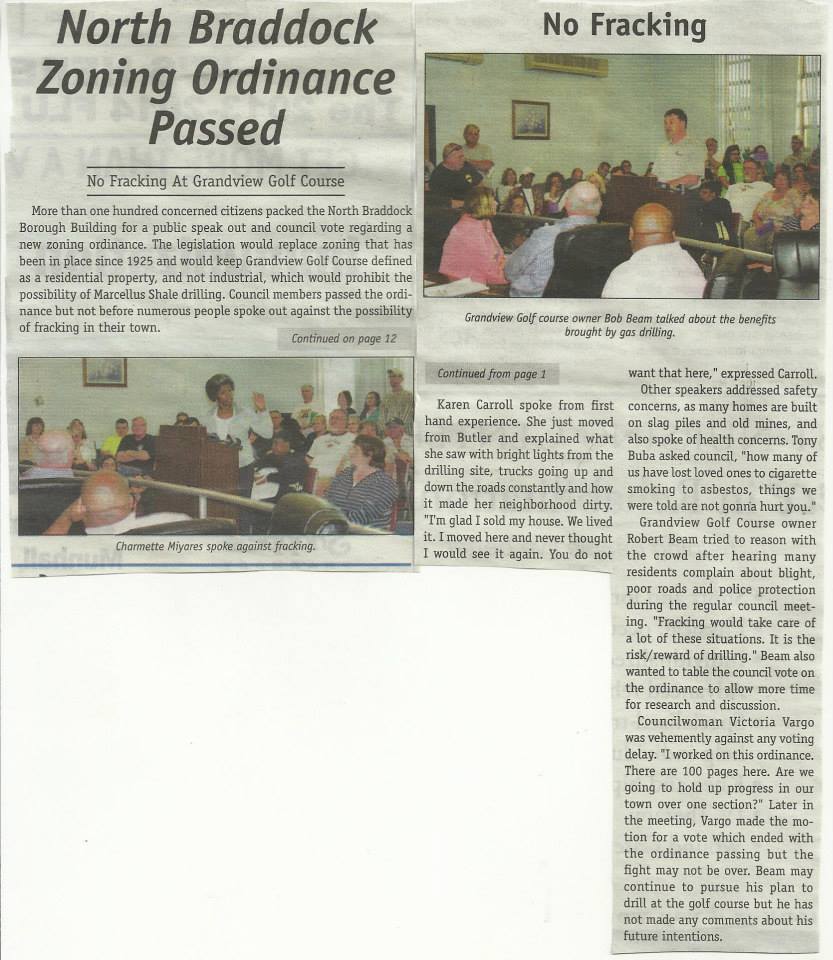 Newspaper clipping about North Braddock council passing the new zoning ordinance with community support, which prohibited the gas drilling on the Grand View Golf Club, May 2014. 