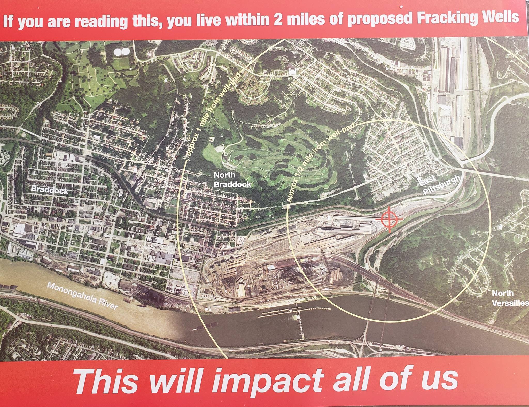 Map indicating the proposed fracking site at Edgar Thomson Plant and its two-mile radius which encompasses densely populated areas