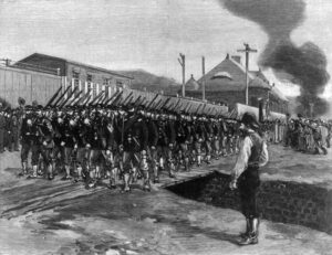 Illustration of the Homestead Strike, published in Harpers Weekly in 1892.