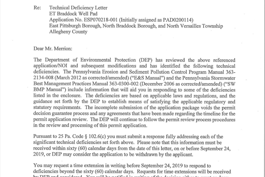 PA Department of Environmental Protection Technical Deficiency Letter