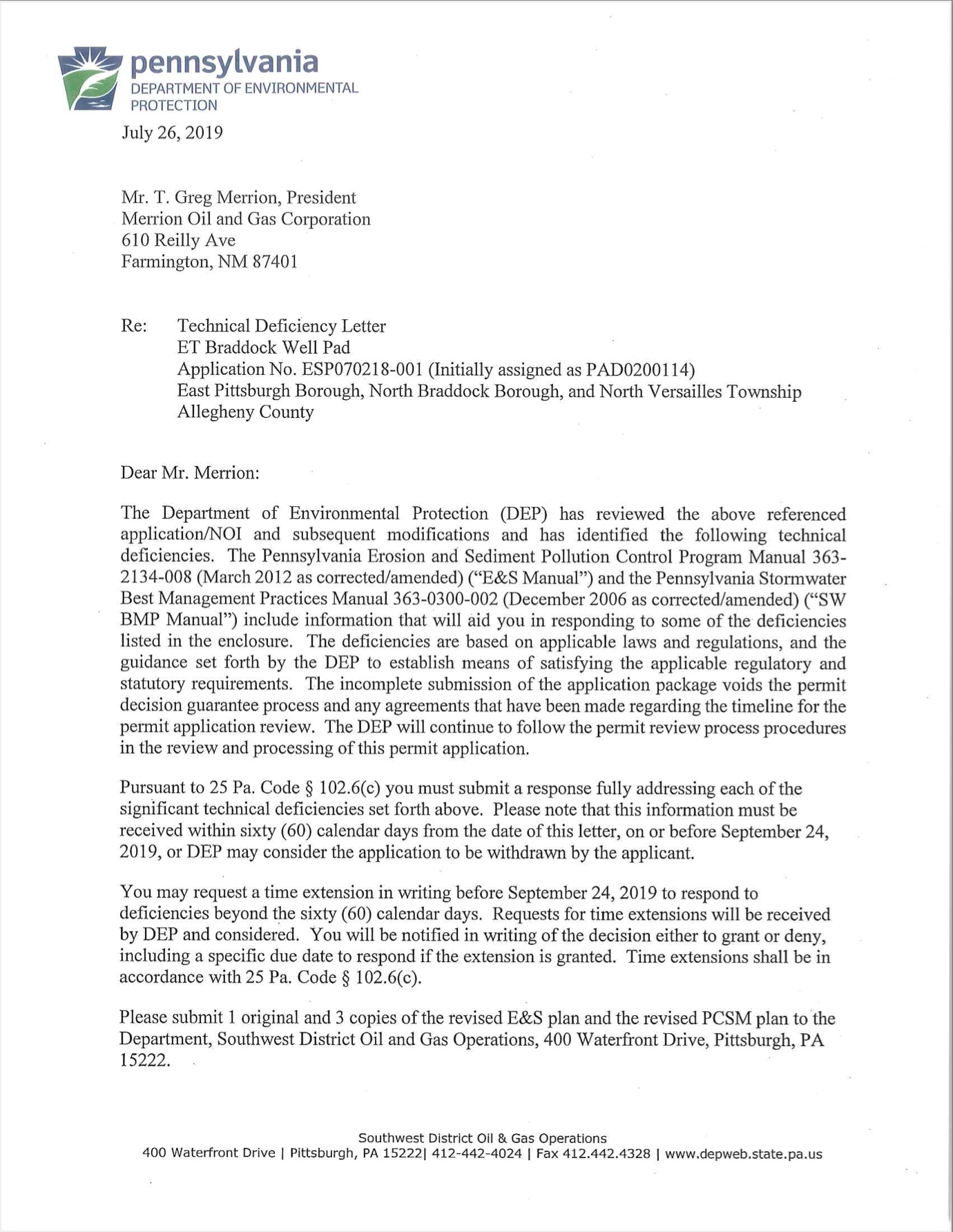 PA Department of Environmental Protection Technical Deficiency Letter