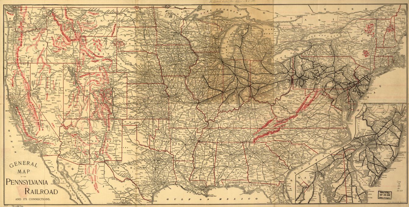 Map showing the lines and connections of the Pennsylvania Railroad (c 1893). Source: LOC