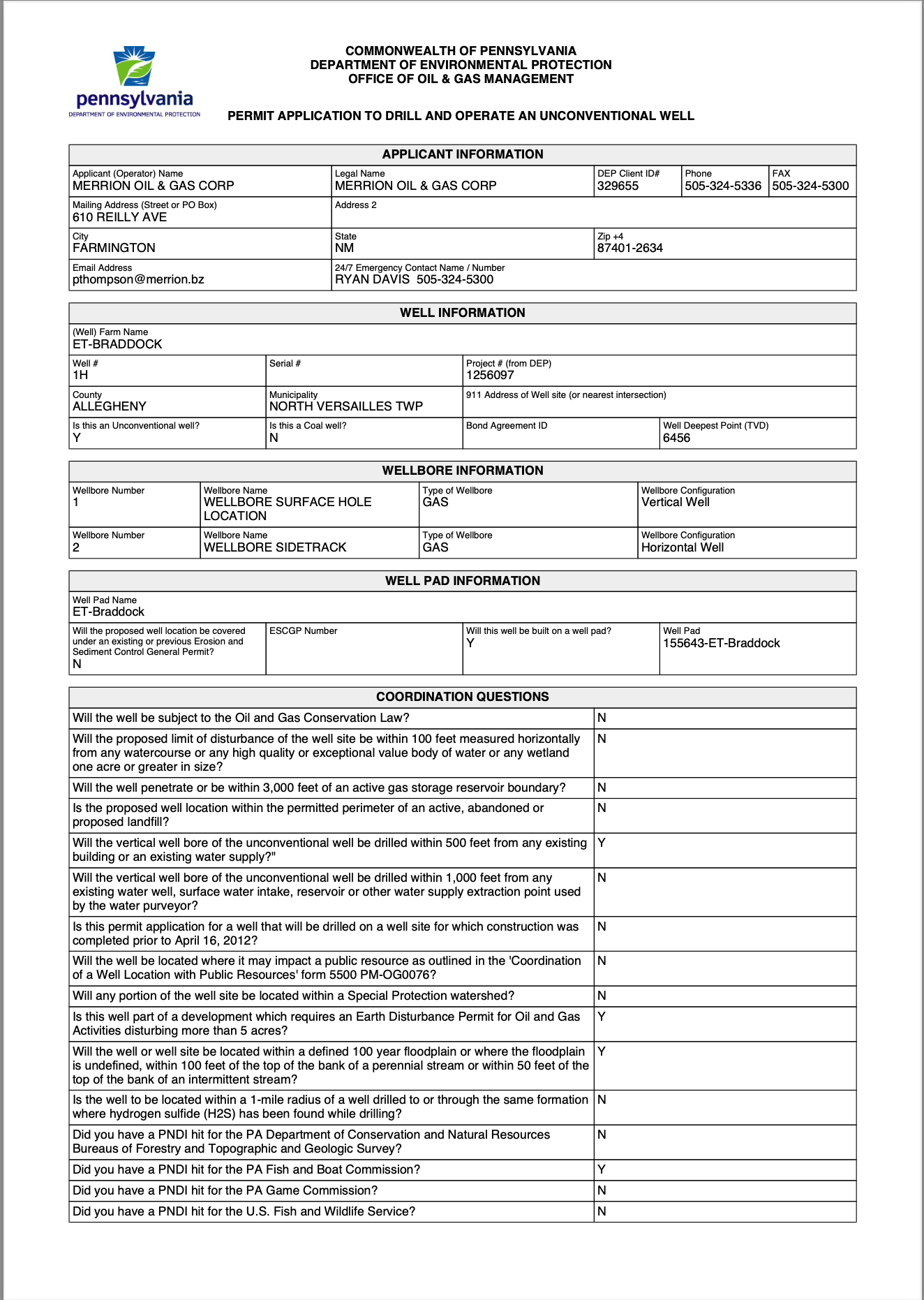 Permit Application to Drill and Operate Well