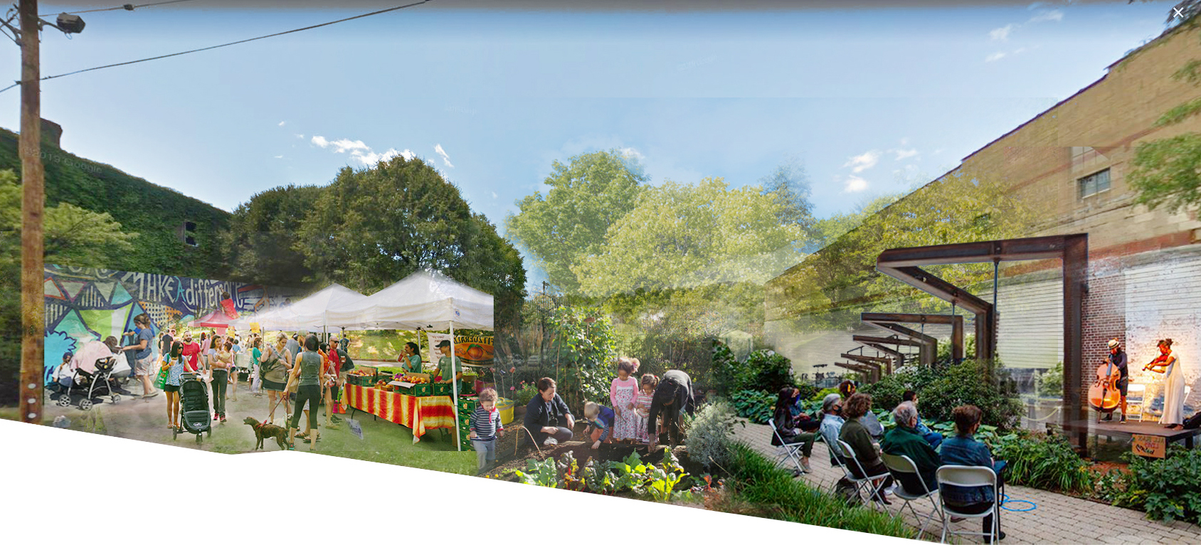 Montage image of proposed Braddock Community Park showing people in market stalls, performance area, and garden